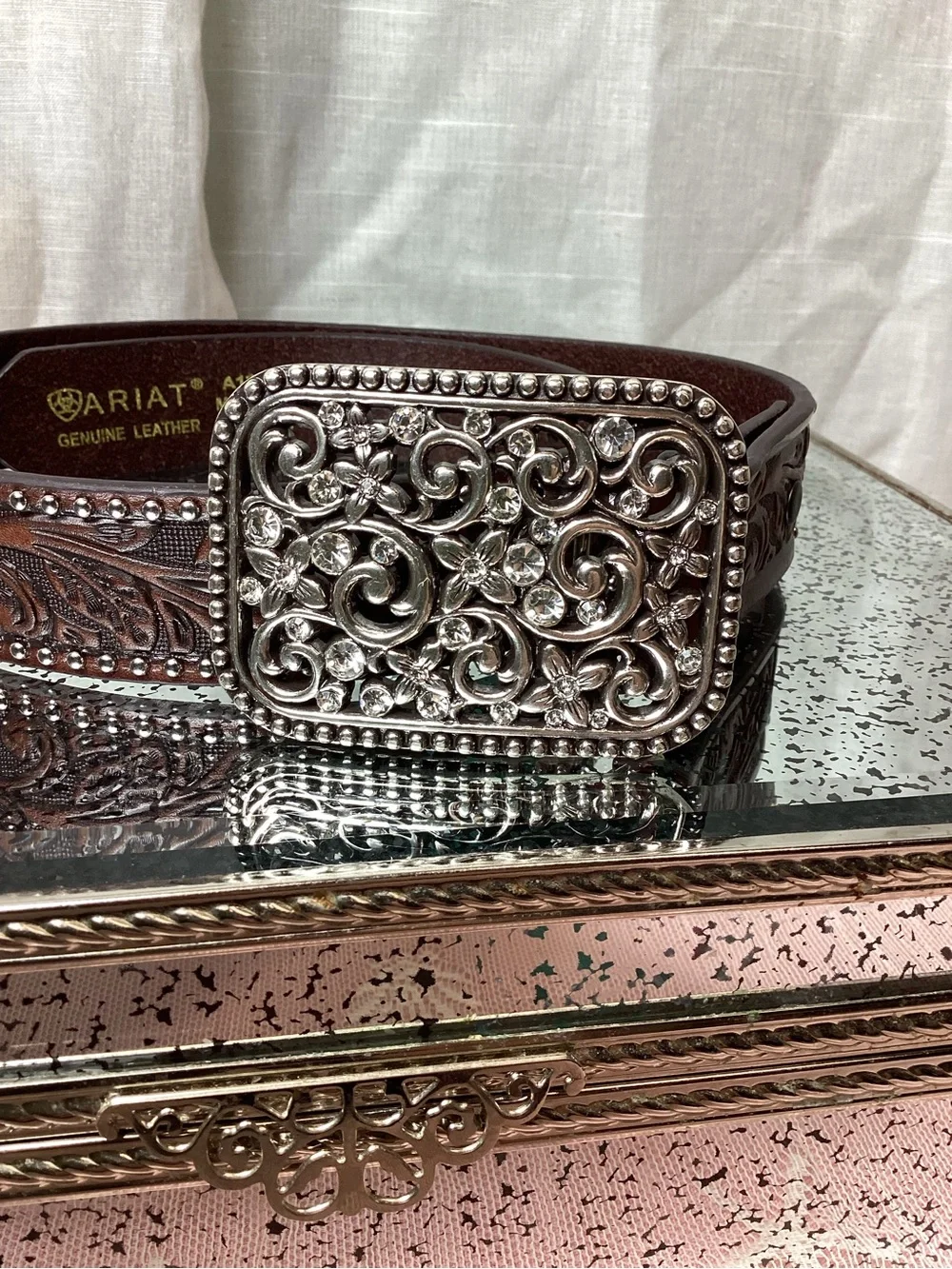 Ariat Girls Brown Floral Embossed Leather Belt; Size: 24